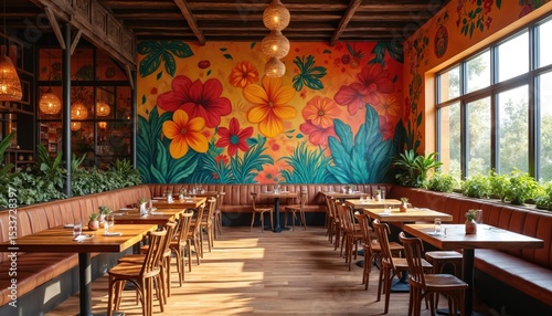 Fototapeta Naklejka Na Ścianę i Meble -  Vibrant restaurant interior with colorful floral mural. Wooden tables, chairs, warm lighting create welcoming atmosphere. Eclectic decor, modern design, sunny dining space with windows full of green