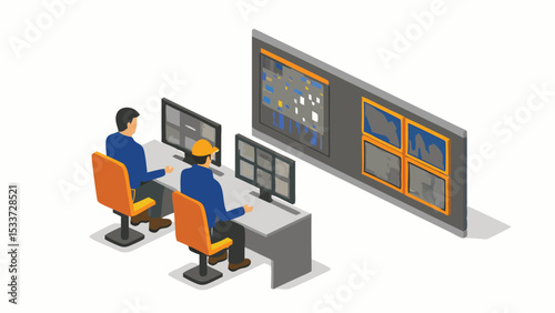 Two operators monitor screens in a control center with large display panel and computer workstations present
