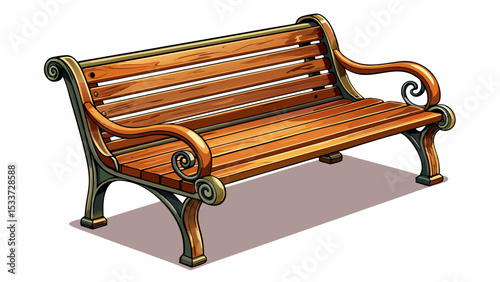 A sturdy wooden park bench with metal armrests, isolated on a empty plain background