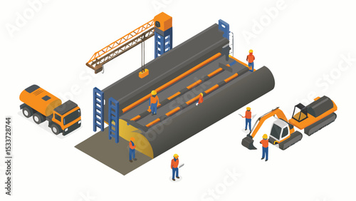 Isometric view of construction site featuring tunnel, crane, trucks, and construction workers shown