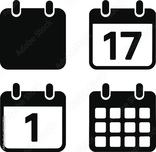 A set of black silhouettes representing different calendar icons, such as a full calendar page, a date number, and a simple calendar grid. 