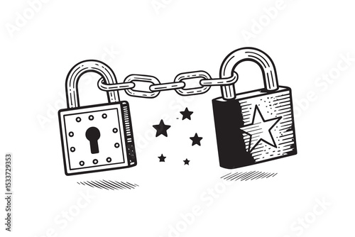 Lock and Unlock symbol. The padlock in shield shows protect and unprotected status. Cybersecurity and data protection technology. Icon element for app and web. Vector illustration