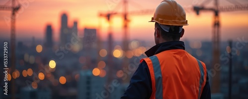 Construction supervisor observes construction site at dusk. City lights in background. Engineer wearing orange safety vest, yellow helmet, oversee project progress. Industrial cranes, cityscape.
