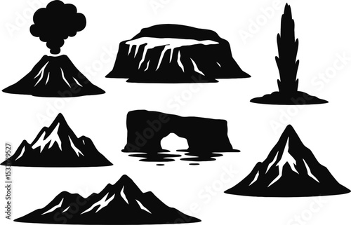 A set of black silhouettes representing Iceland’s natural wonders, including volcanoes, glaciers, geysers, and mountains. 