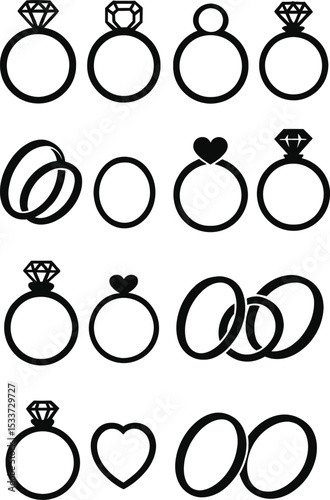 A vector set of elegant black silhouette icons of engagement rings and wedding bands on a clean white background.