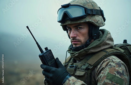 Armed soldier in camouflage uniform holds radio communication device. Military man with portable transceiver transmits signal. Tactical gear, headset, protective glasses. Portrait of commander,