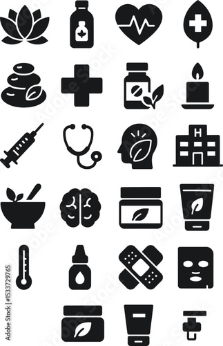 A professional vector icon set in clean black silhouette style featuring objects from wellness, wellbeing, mental health, cosmetics, spa, medical, and healthcare fields