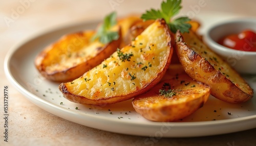 Golden potato wedges served on white plate with herbs, ketchup. Fresh baked, ready-to-eat meal. Vegetarian food option. Horizontal shot, ideal for culinary, gastronomy projects, food blogs,