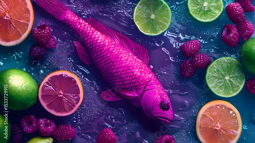 A vibrant purple fish surrounded by lime slices, raspberries, and grapefruit halves on a wet, dark surface.