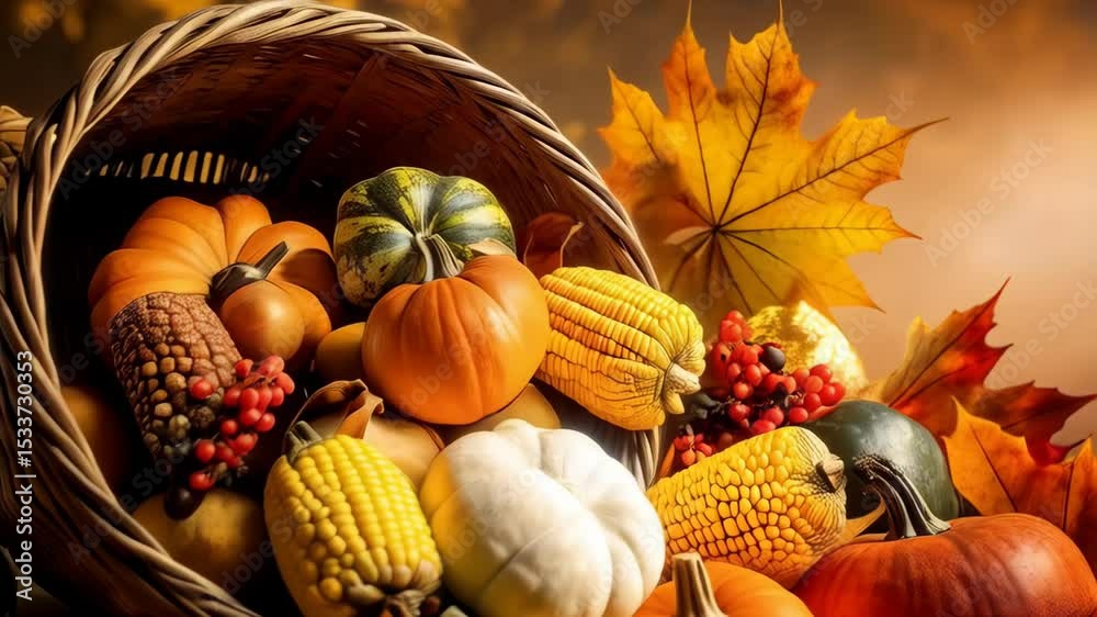Abundant horn of plenty overflows with colorful pumpkins, ears of corn ...