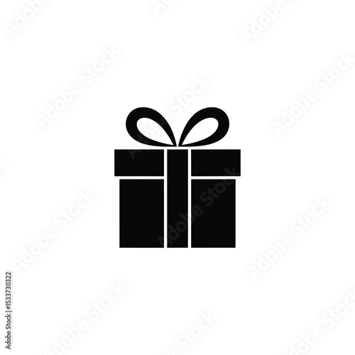 Simple Black Gift Box Icon with Ribbon Bow Isolated on White Background