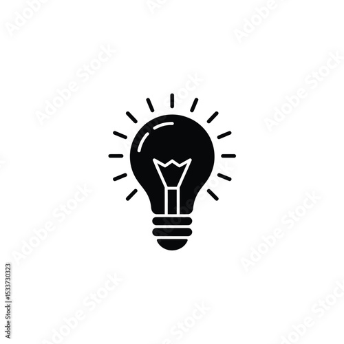 Simple Black Lightbulb Icon with Rays of Light, Illustration on White