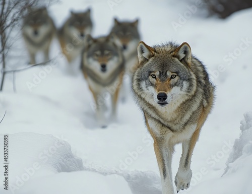 A pack of wolves in the snow, all running together towards me. The photo is taken from behind them so that you can see their entire bodies
