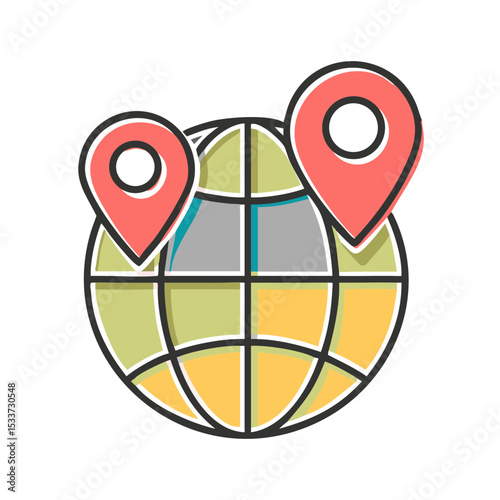 Globe with location pins illustration for navigation and geography with copy space