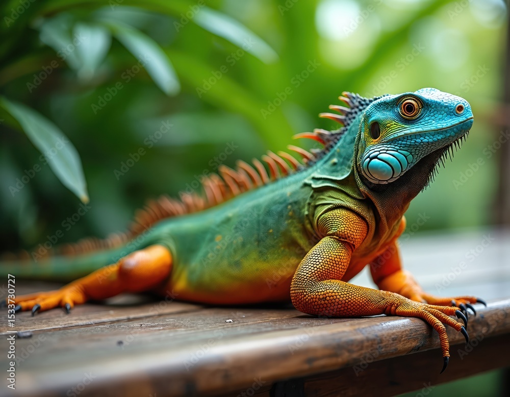Fototapeta premium Green iguana, also known as American iguana, rests on wooden bench with bright blue head and orange body. Tropical lizard portrait with green leaves background. Exotic reptile, wildlife.