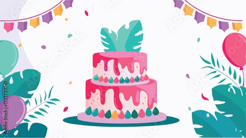 Celebratory scene featuring a two tiered cake with balloons and festive decorations all around it