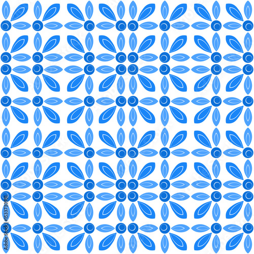 Blue mosaic tile seamless pattern. Shades of blue flowers on white background. Folklore plant background of square elements. Ornament for wallpaper, textile, web design, etc.