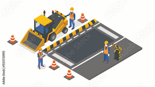 Isometric view of road repair with workers, construction vehicle and traffic cones on a white background