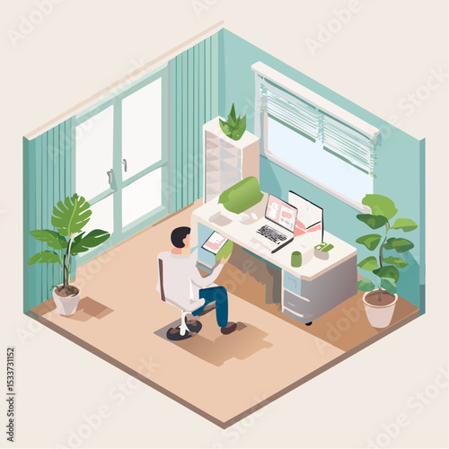 Isometric flat vector illustration of a modern AI assistant helping a remote worker in a cozy home office, surrounded by indoor plants, laptop, coffee mug, and ambient lighting. Futuristic yet minimal