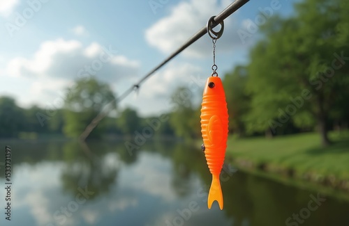 Bright orange silicone fishing lure hanging on rod above calm water. Fishing gear, accessory for predatory fish. Hobby, sport activity on river, lake in nature, outdoor activity. photo