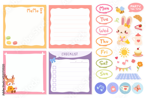 Kawaii Tea Party Memo Pad with Bunny and Deer Stickers. Cute Weekly Planner and Checklist with Spring Tea Time Theme. Printable Kawaii Note Templates with Pastel Stickers and Animals.