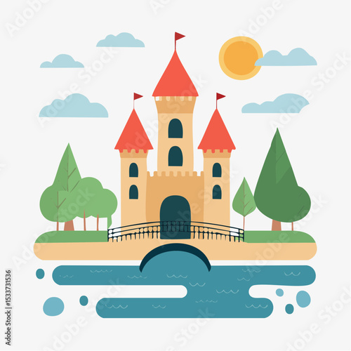Medieval old gothic castle with a bridge, trees and village in the background