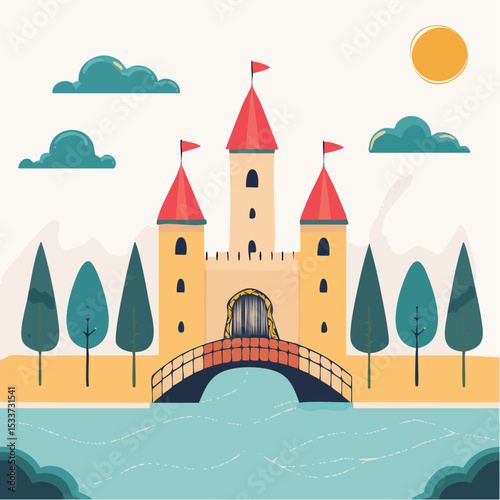 Medieval old gothic castle with a bridge, trees and village in the background