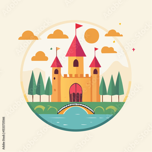 Medieval old gothic castle with a bridge, trees and village in the background