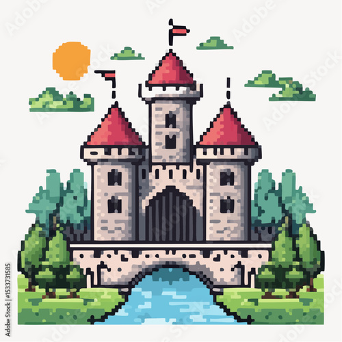 Medieval old gothic castle with a bridge, trees and village in the background