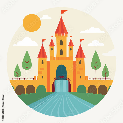 Medieval old gothic castle with a bridge, trees and village in the background