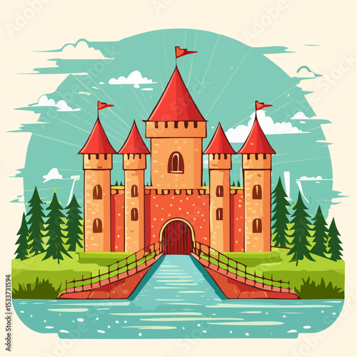Medieval old gothic castle with a bridge, trees and village in the background