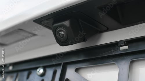 Close-up of rear view camera on modern car, highlighting advanced safety, parking assistance technology and innovative automotive design.