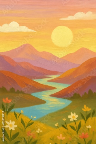 Vibrant river winding through verdant hills, glowing with golden sunset light, capturing serene landscape's tranquil essence and natural beauty
