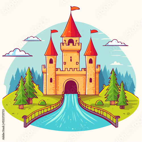 Medieval old gothic castle with a bridge, trees and village in the background