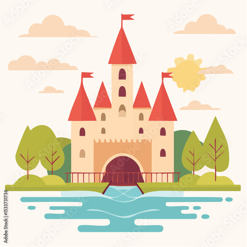 Medieval old gothic castle with a bridge, trees and village in the background