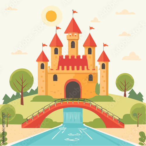 Medieval old gothic castle with a bridge, trees and village in the background