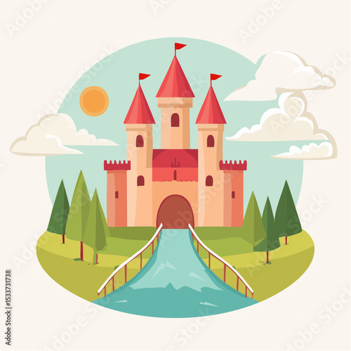 Medieval old gothic castle with a bridge, trees and village in the background