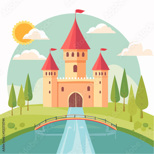 Medieval old gothic castle with a bridge, trees and village in the background