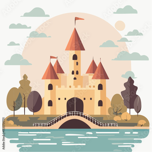 Medieval old gothic castle with a bridge, trees and village in the background
