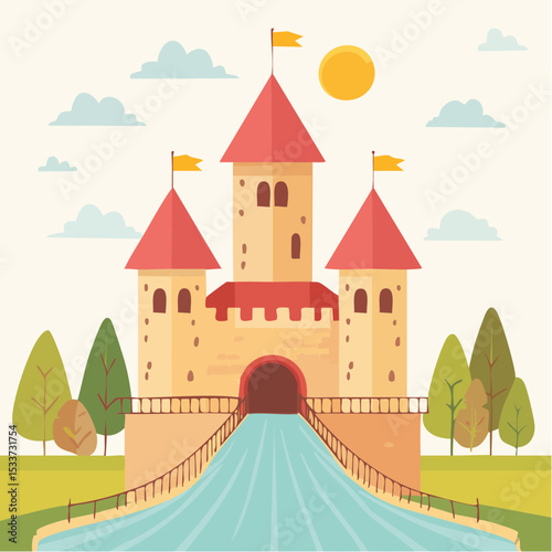 Medieval old gothic castle with a bridge, trees and village in the background