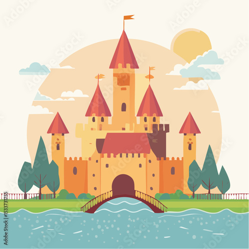 Medieval old gothic castle with a bridge, trees and village in the background