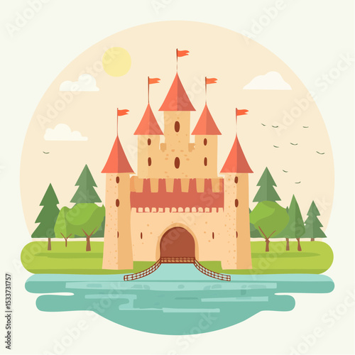 Medieval old gothic castle with a bridge, trees and village in the background