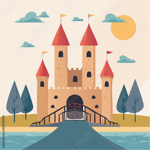 Medieval old gothic castle with a bridge, trees and village in the background