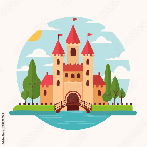 Medieval old gothic castle with a bridge, trees and village in the background
