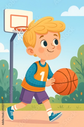 Happy child running and bouncing a basketball in a vibrant playground, enjoying the sunshine on a delightful summer day