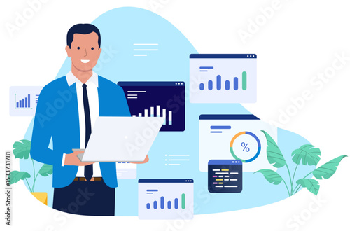Businessman with a laptop surrounded by various data charts and graphs, representing financial analysis, business intelligence, or digital marketing statistics. Flat design vector illustration
