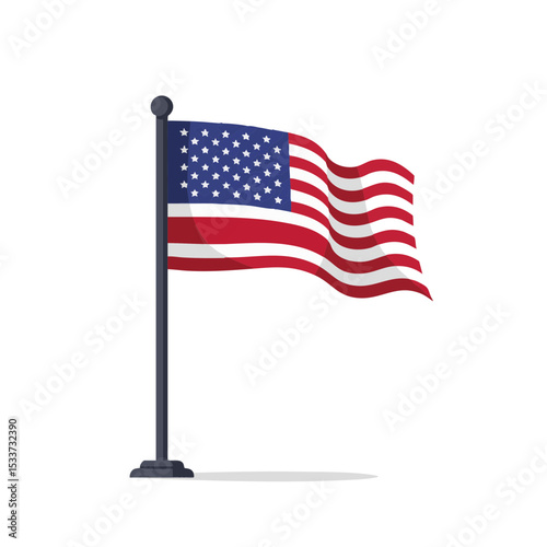 Flat American Flag Icon Waving on Pole