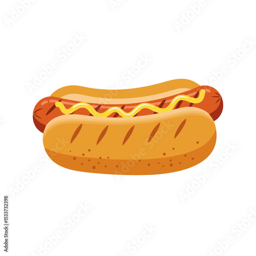 Flat Grilled Hotdog with Mustard on Bun, Isolated 
