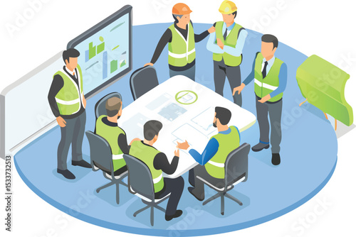 Isometric view of construction workers in safety vests meeting around a table in a modern office setting