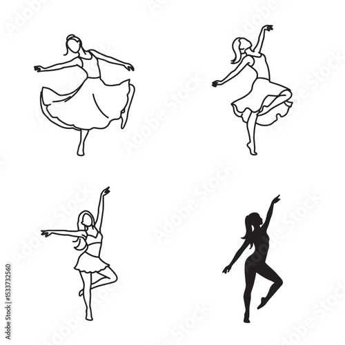 Elegant outlined and silhouette ballerinas dancing gracefully depicting ballet movements against white background